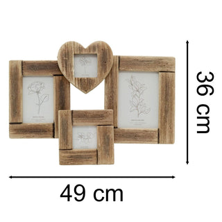 Rustic Driftwood Style Multi Photo Frame | Holds 4 Photos with Heart - 49x36cm