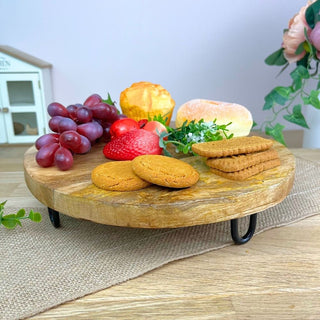 Rustic Mango Wood Serving Board with Metal Legs | Raised Wooden Platter 29cm