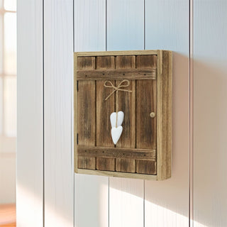 Rustic Wall Key Box with Heart | 6 Hooks Driftwood Style Key Cabinet - 24x30cm
