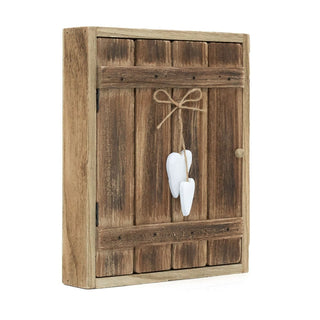 Rustic Wall Key Box with Heart | 6 Hooks Driftwood Style Key Cabinet - 24x30cm