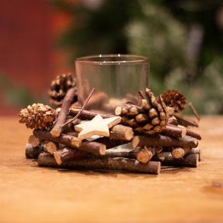 Rustic Wooden Glass Festive Christmas Tealight Candle Holder Decoration Centerpiece