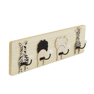 Safari Animal Coat Rack, Kids 4 Wooden Wall Hooks for Nursery or Bedroom