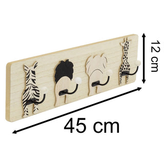 Safari Animal Coat Rack, Kids 4 Wooden Wall Hooks for Nursery or Bedroom