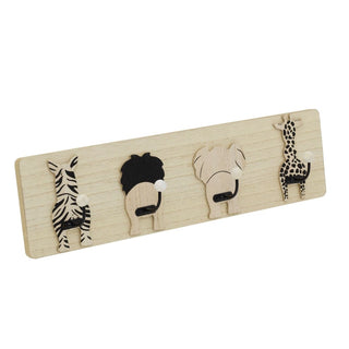 Safari Animal Coat Rack, Kids 4 Wooden Wall Hooks for Nursery or Bedroom