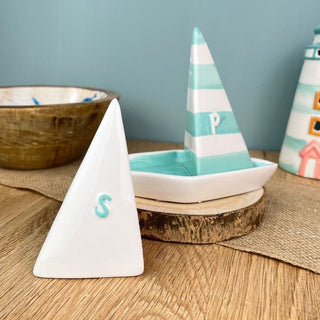 Sailboat Salt & Pepper Shakers | Nautical Ceramic Salt and Pepper Pots with Tray