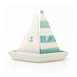 Sailboat Salt & Pepper Shakers | Nautical Ceramic Salt and Pepper Pots with Tray