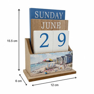 Sandy Beach Perpetual Calendar, 15.5x12cm Nautical Wooden Block Desk Calendar