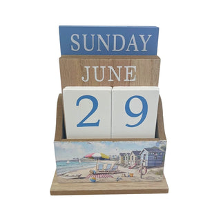 Sandy Beach Perpetual Calendar, 15.5x12cm Nautical Wooden Block Desk Calendar