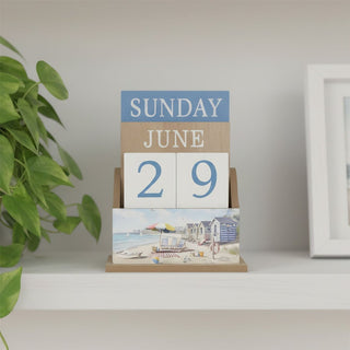 Sandy Beach Perpetual Calendar, 15.5x12cm Nautical Wooden Block Desk Calendar