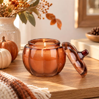 Scented Candle in Glass Pumpkin Holder, 9.5cm Amber Lidded Halloween Candle
