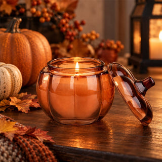 Scented Candle in Glass Pumpkin Holder, 9.5cm Amber Lidded Halloween Candle