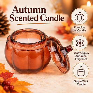 Scented Candle in Glass Pumpkin Holder, 9.5cm Amber Lidded Halloween Candle