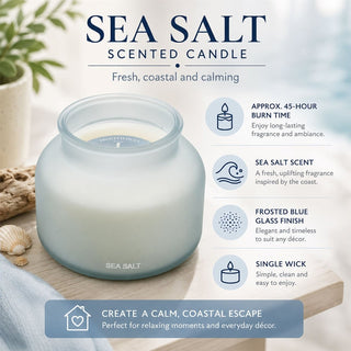Sea Salt Scented Candle, 10cm Blue Frosted Glass Jar with Approx. 45-Hour Burn