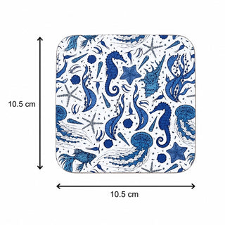 Sealife Set of 4 Coasters, 10.5cm Blue Sea Creature Drinks Coasters for Tables