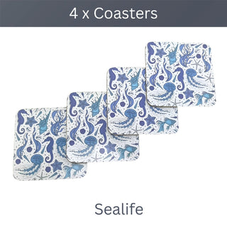 Sealife Set of 4 Coasters, 10.5cm Blue Sea Creature Drinks Coasters for Tables