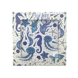 Sealife Set of 4 Coasters, 10.5cm Blue Sea Creature Drinks Coasters for Tables