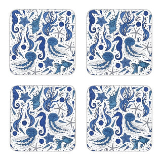 Sealife Set of 4 Coasters, 10.5cm Blue Sea Creature Drinks Coasters for Tables