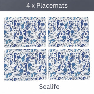 Sealife Set of 4 Placemats, 29cm Blue Sea Creature Rectangle Table Place Mats