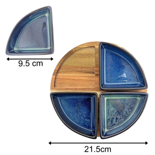 Sectioned Ceramic Snack Platter Set with Round Acacia Serving Tray - 21.5cm
