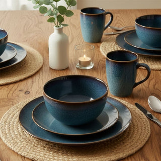 Set for 4 Blue Reactive Glaze Dinner, 16 Piece Stoneware Crockery Dining Set