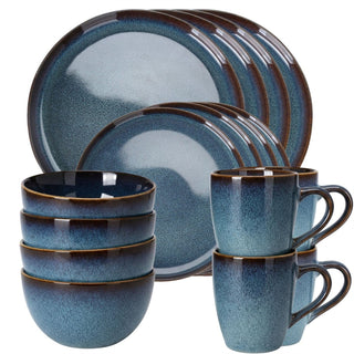 Set for 4 Blue Reactive Glaze Dinner, 16 Piece Stoneware Crockery Dining Set