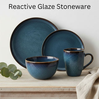 Set for 4 Blue Reactive Glaze Dinner, 16 Piece Stoneware Crockery Dining Set