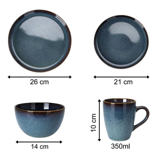 Set for 4 Blue Reactive Glaze Dinner, 16 Piece Stoneware Crockery Dining Set