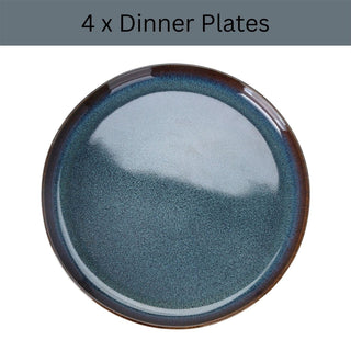Set for 4 Blue Reactive Glaze Dinner, 16 Piece Stoneware Crockery Dining Set