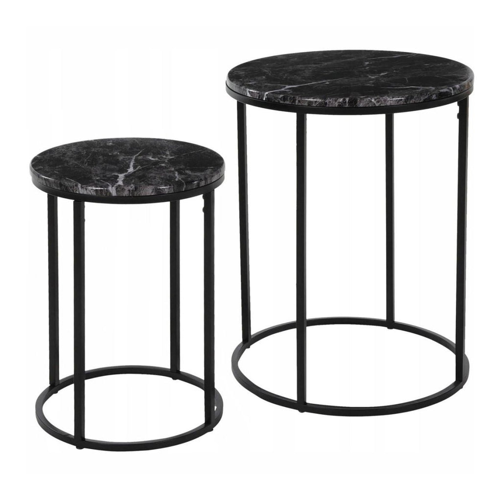 Set Of 2 Black Metal Side Tables Marble Effect Tops 2 Piece Round Nest ...