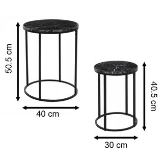Set Of 2 Black Metal Side Tables Marble Effect Tops 2 Piece Round Nesting Tables