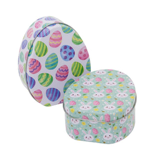 Set of 2 Easter Egg Shaped Tins | 11cm Decorative Easter Storage Tins for Treats