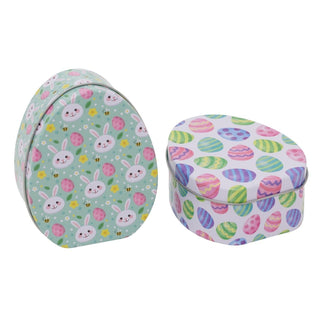 Set of 2 Easter Egg Shaped Tins | 11cm Decorative Easter Storage Tins for Treats