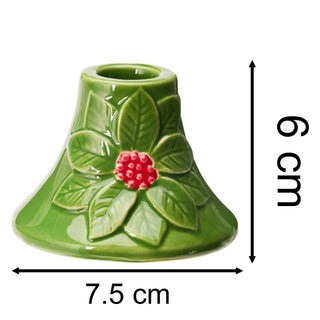 Set of 2 Green Ceramic Christmas Candlesticks | Holly and Berry Candle Holders