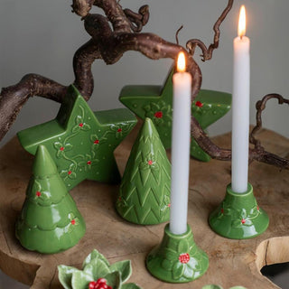 Set of 2 Green Ceramic Christmas Candlesticks | Holly and Berry Candle Holders