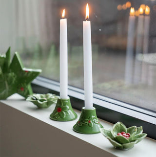 Set of 2 Green Ceramic Christmas Candlesticks | Holly and Berry Candle Holders