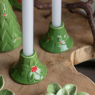 Set of 2 Green Ceramic Christmas Candlesticks | Holly and Berry Candle Holders
