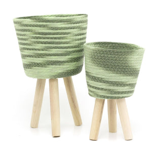 Set Of 2 Green Woven Basket Plant Pot | Indoor Planter With Legs | Flower Basket Cache Pots