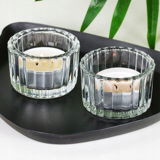 Set of 2 Ribbed Tea Light Candle Holders | Clear Glass Tealight Candle Holders