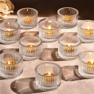 Set of 2 Ribbed Tea Light Candle Holders | Clear Glass Tealight Candle Holders