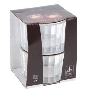 Set of 2 Ribbed Tea Light Candle Holders | Clear Glass Tealight Candle Holders
