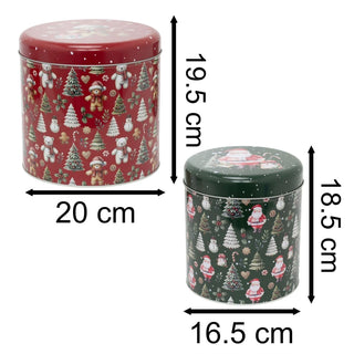 Set of 2 Round Christmas Tins | 2 - piece Festive Red & Green Nesting Tins