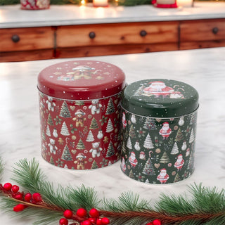 Set of 2 Round Christmas Tins | 2 - piece Festive Red & Green Nesting Tins