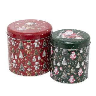 Set of 2 Round Christmas Tins | 2 - piece Festive Red & Green Nesting Tins