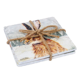 Set Of 2 Winter Woodland Slate Coasters | Rabbit Squirrel Drinks Coaster Set | Animal Square Cup Mug Table Mats