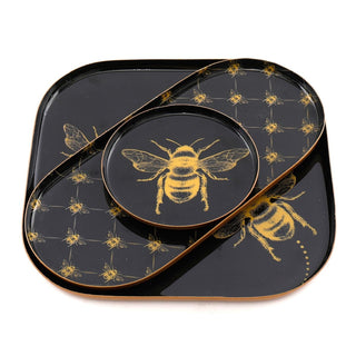 Set Of 3 Black and Gold Bee Display Tray Candle Trays | 3 Piece Metal Trinket Tray Jewellery Dish | Display Dish Set