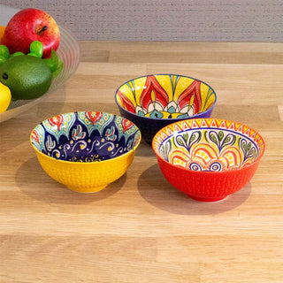 Set of 3 Bohemian Style Patterned Bowls | Ceramic Tapas Bowls Serving Bowls 12cm
