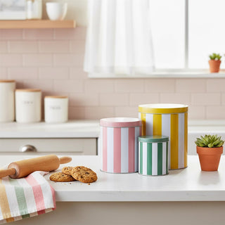 Set of 3 Cabana Stripe Kitchen Storage Tins, Round Nesting Storage Tins