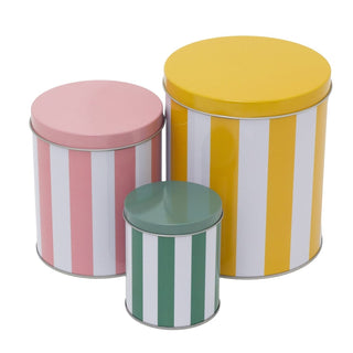 Set of 3 Cabana Stripe Kitchen Storage Tins, Round Nesting Storage Tins