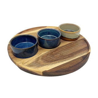 Set of 3 Ceramic Snack Bowls with Round Acacia Wood Serving Tray - 25cm