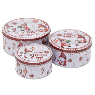 Set of 3 Christmas Gonk Storage Tins | 3 - piece Gnome Round Kitchen Nesting Tins